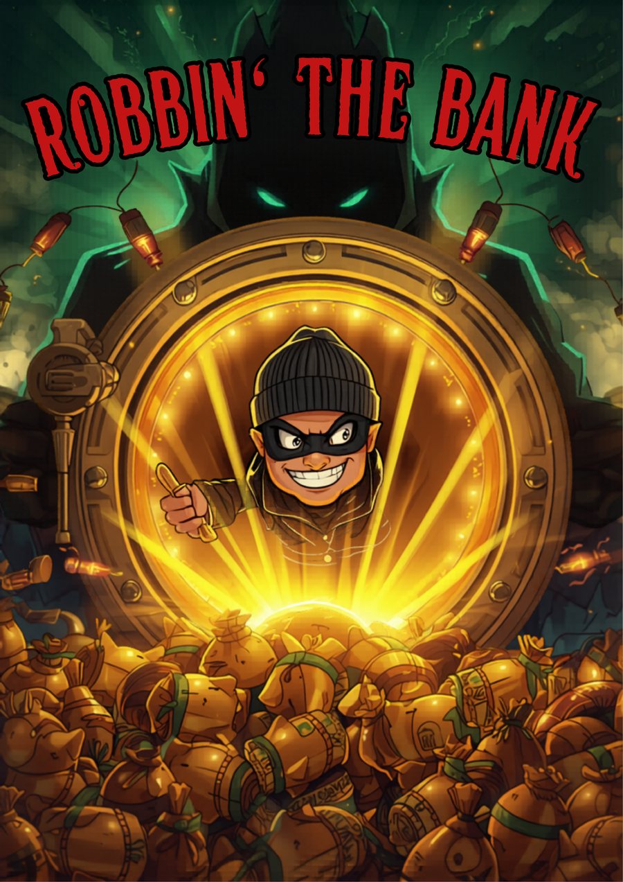 Robbin' the Bank key art: the robber bursting through Mr. Long's glowing vault door above a mountain of golden piggy banks